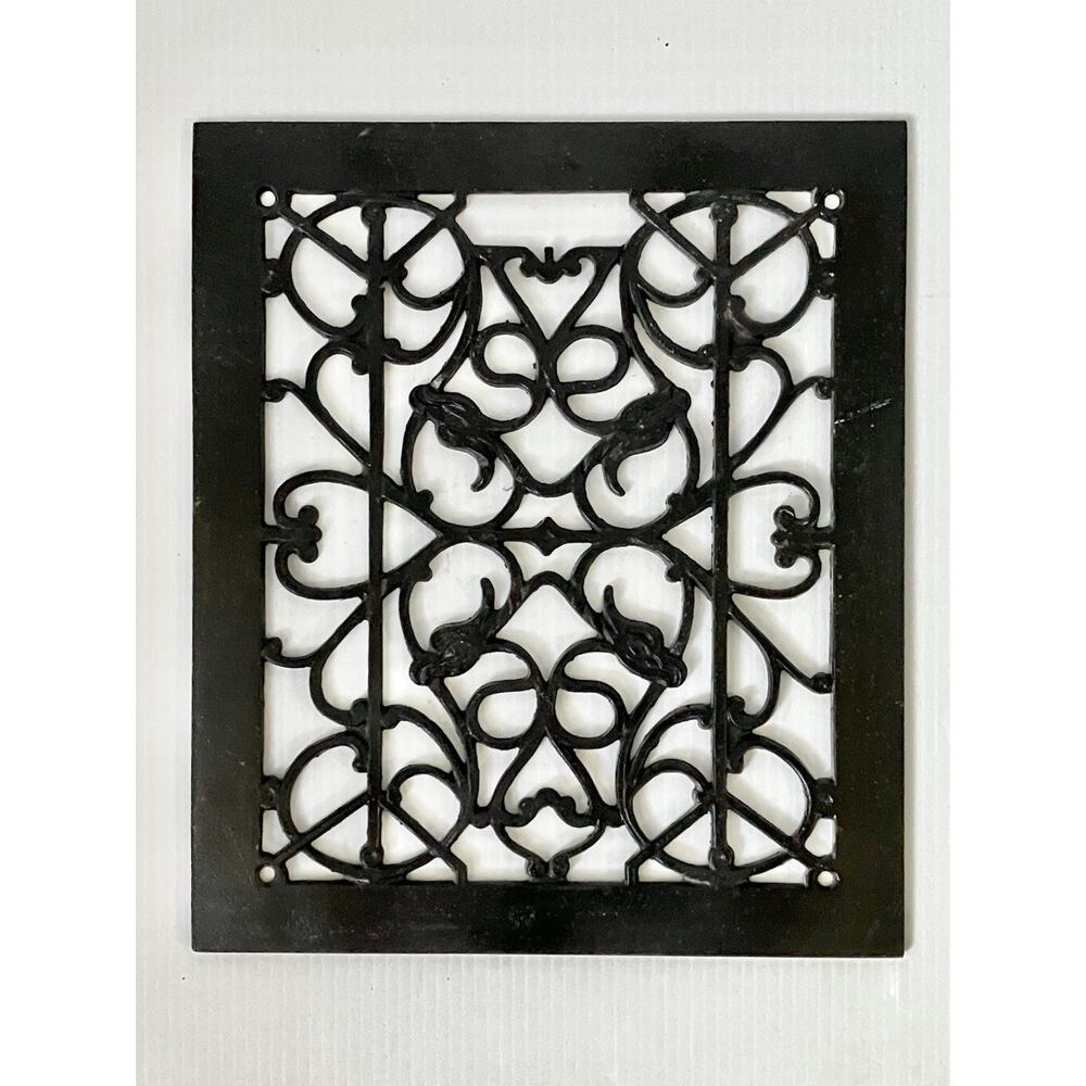 Antique Cast Iron Floor Vent Grate Cover 12”Ornate Black Victorian Scroll & Bird